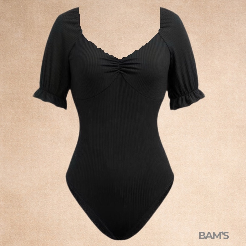 YOZY Black Ribbed Puff Sleeve Bodysuit
